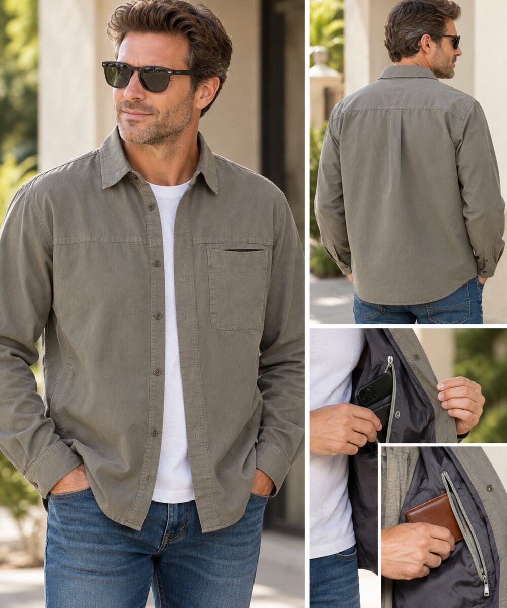 SCOTTeVEST Mens L Travel Shirt Gray Hidden Pockets Utility Button Up Outdoor EDC